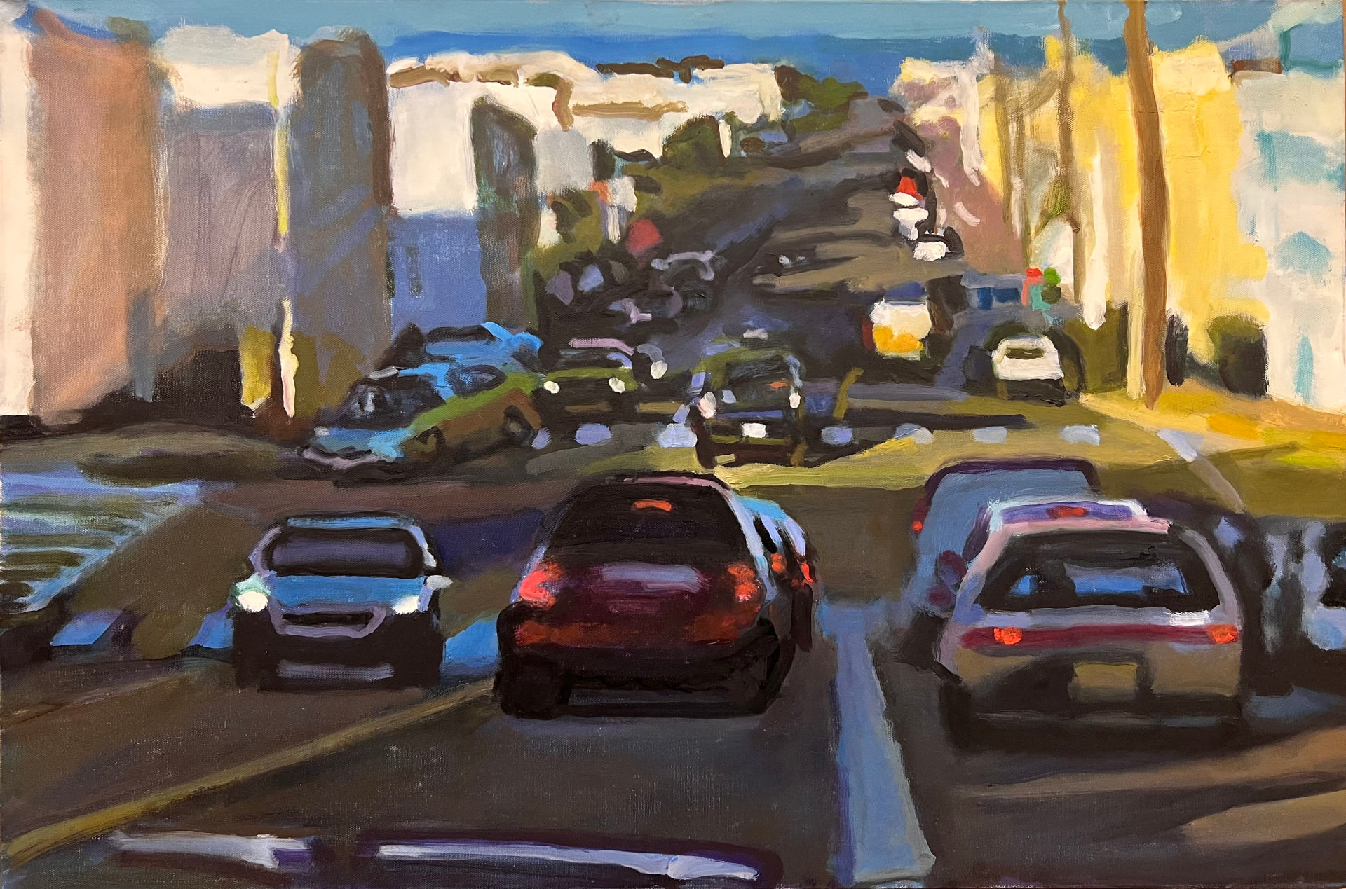 Oil painting of a busy city intersection with cars at a light, leading toward a steep hill under a bright sky