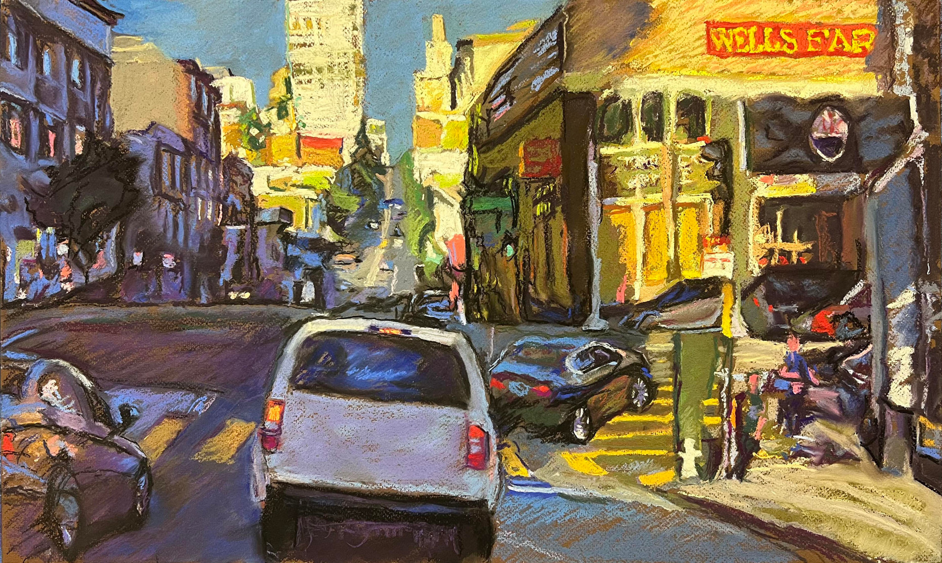 Pastel of late sun on a California Street corner with cars at a crosswalk