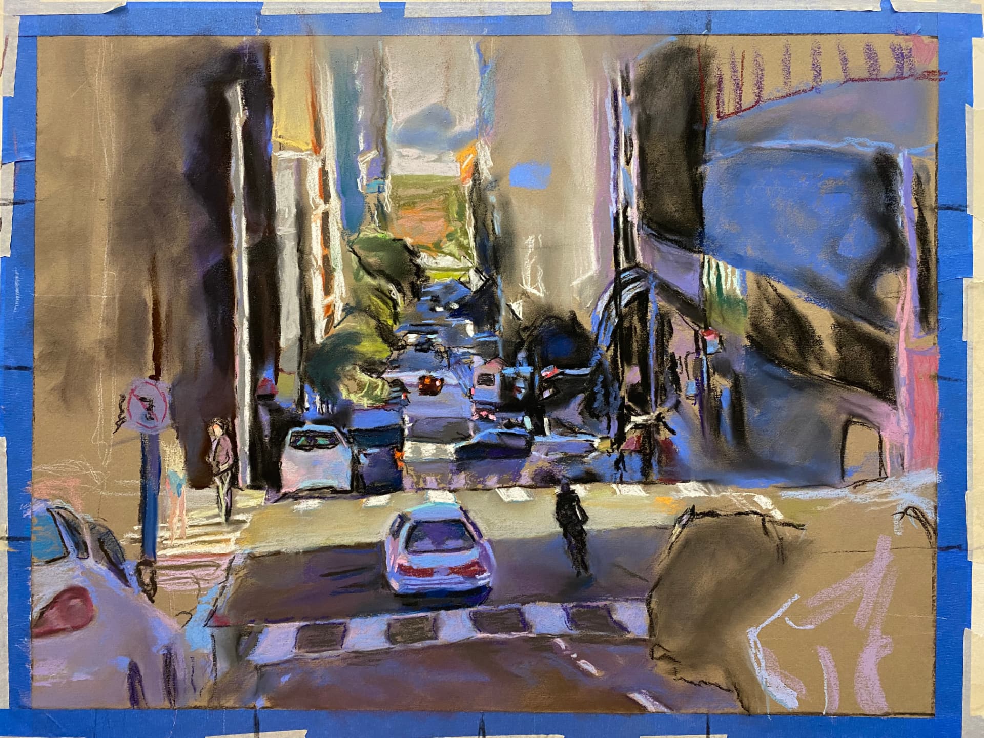 Pastel of a downtown street with traffic, a crosswalk and figures between tall buildings