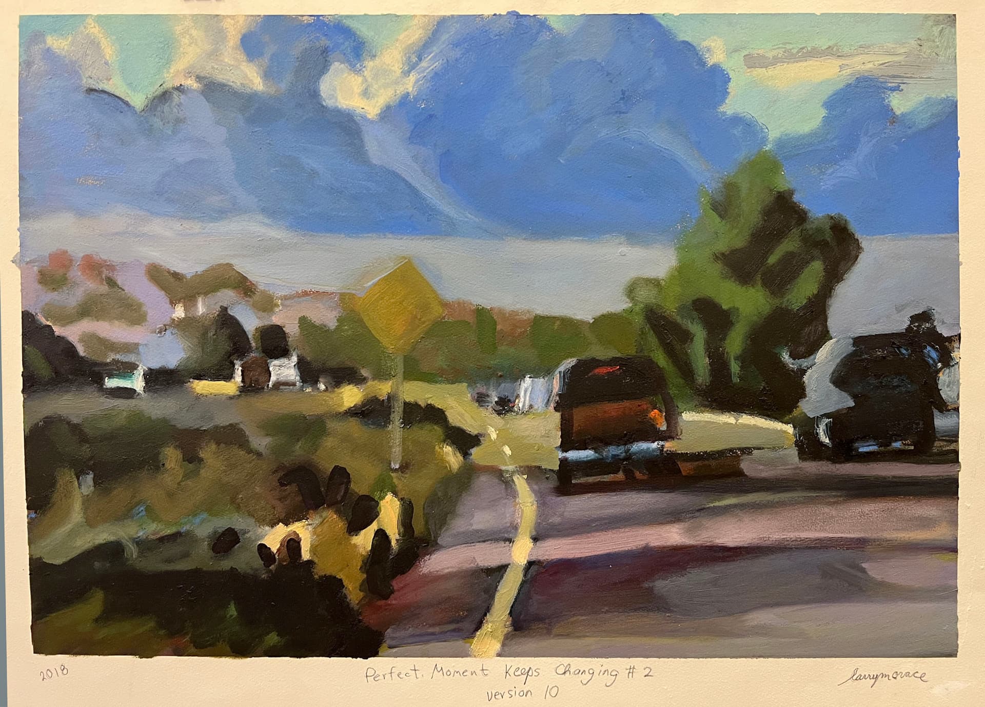 Painting of a road with a dark van and a yellow sign, green hedges and blue billowing clouds above a pale horizon
