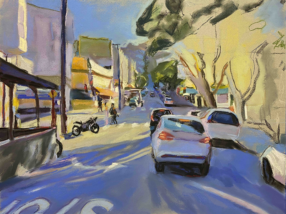 Oil painting of a sunny hilly city street with cars, a parked motorcycle, leafy trees and long violet shadows across the road