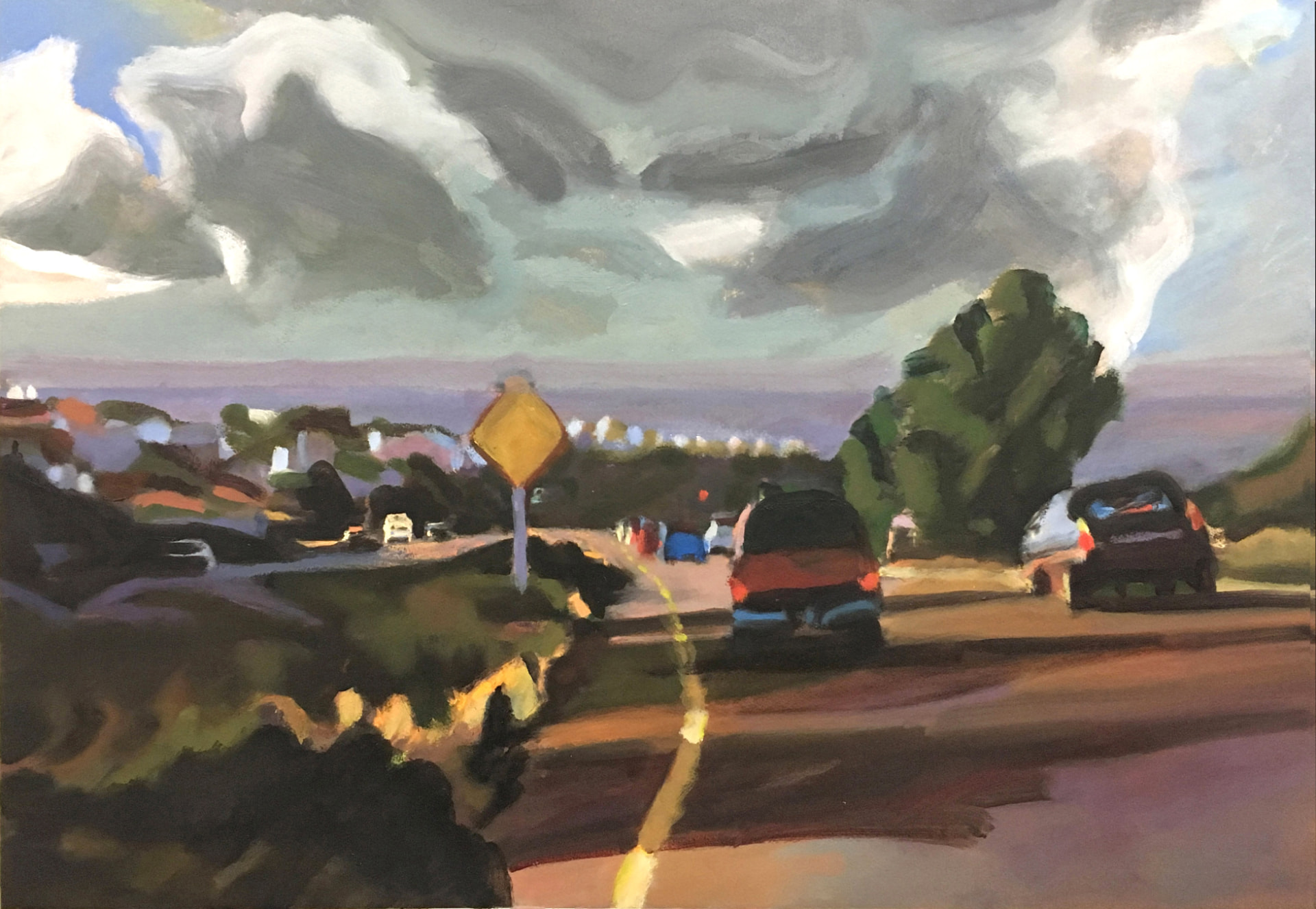 Painting of a road curving toward a distant purple sea with a red van, dark green tree and grey rolling clouds