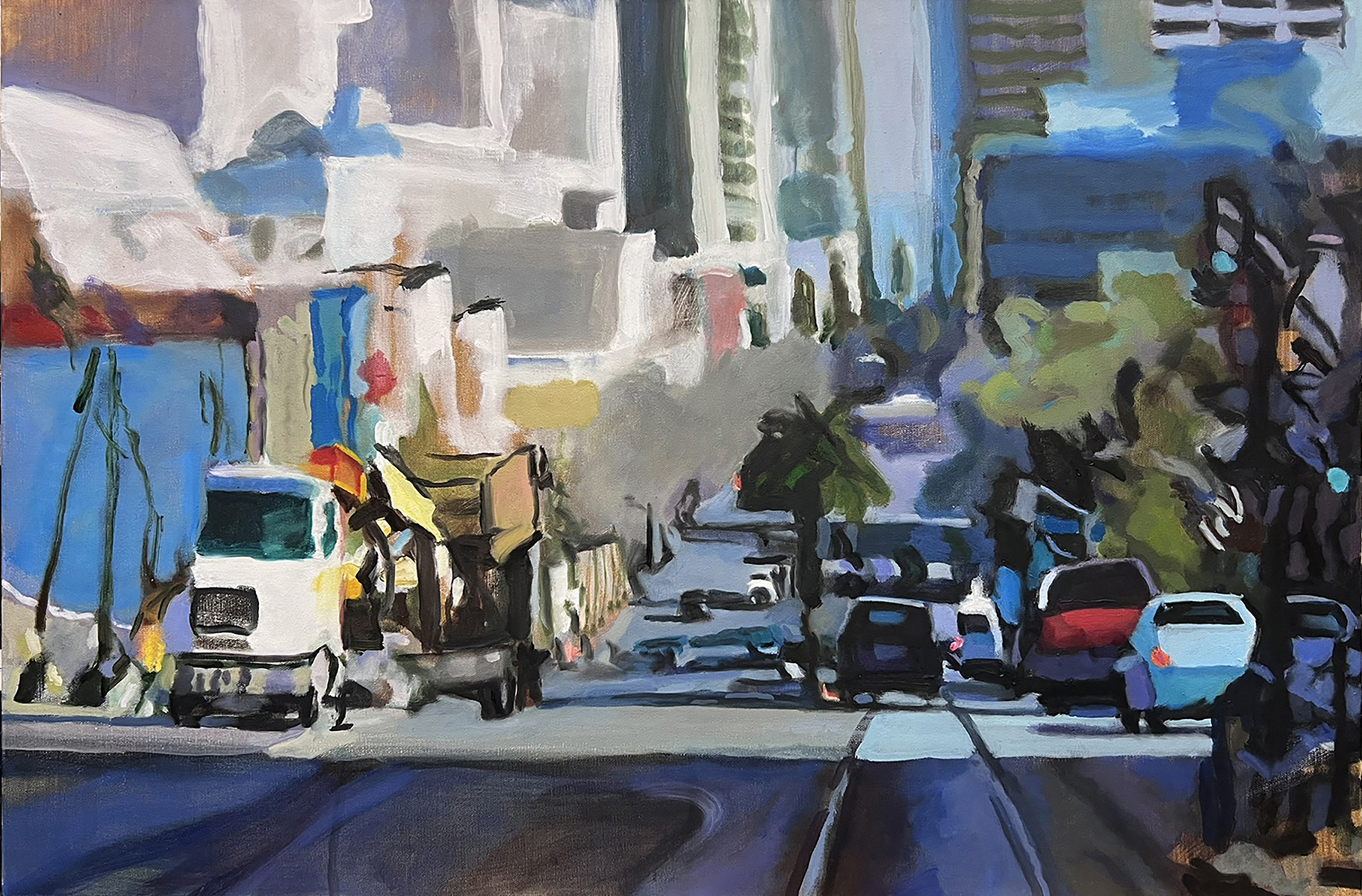Oil painting looking down a city street in the morning, with a white truck, traffic and tall buildings