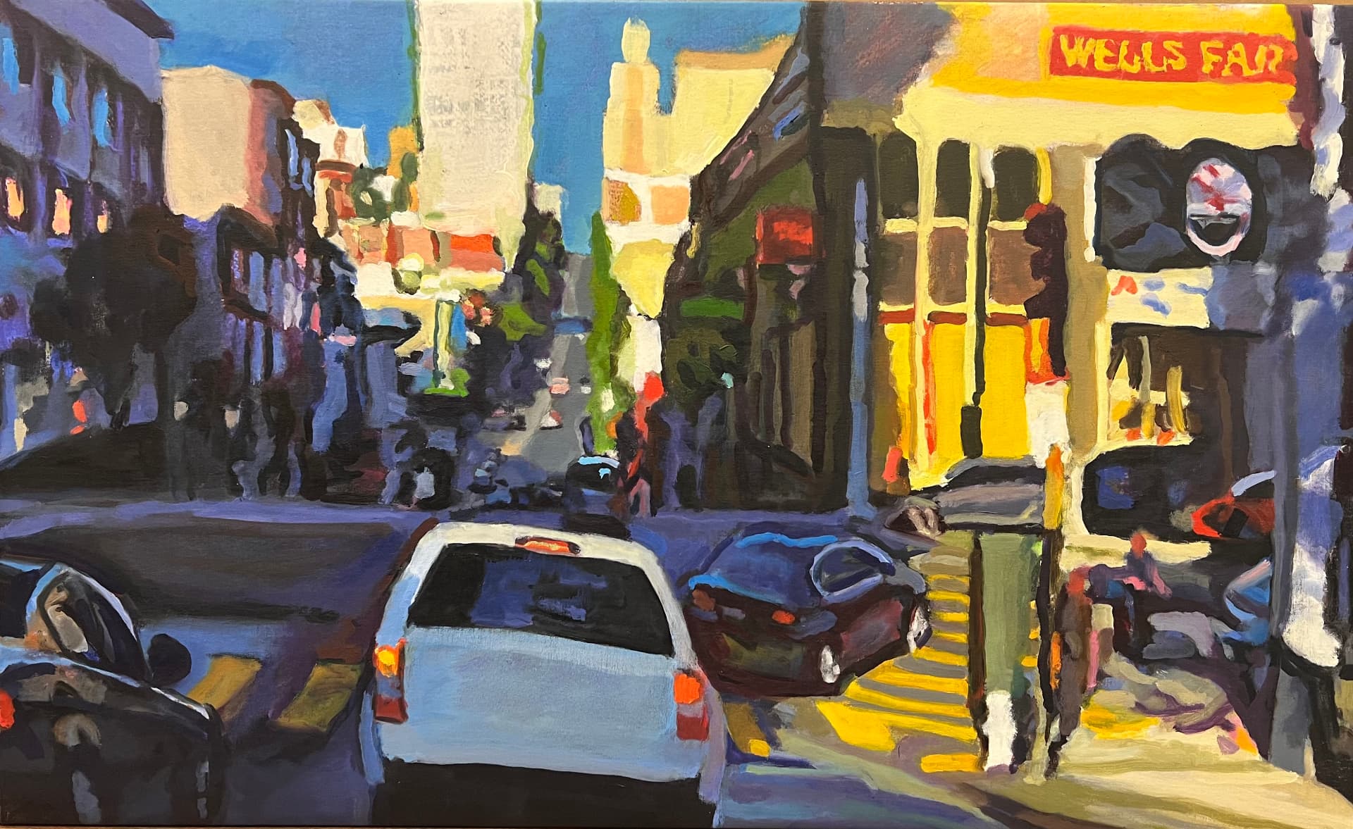 Oil painting of late afternoon sun striking a corner building on California Street with cars at a crosswalk