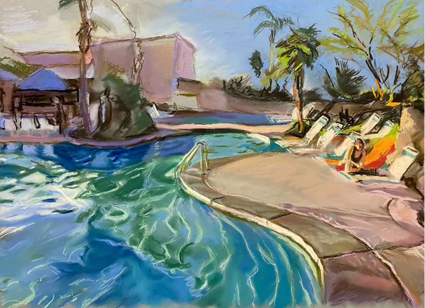 Pastel drawing of a resort swimming pool with rippling blue water, curved pool edges, palm trees, lounge chairs and pale resort buildings behind