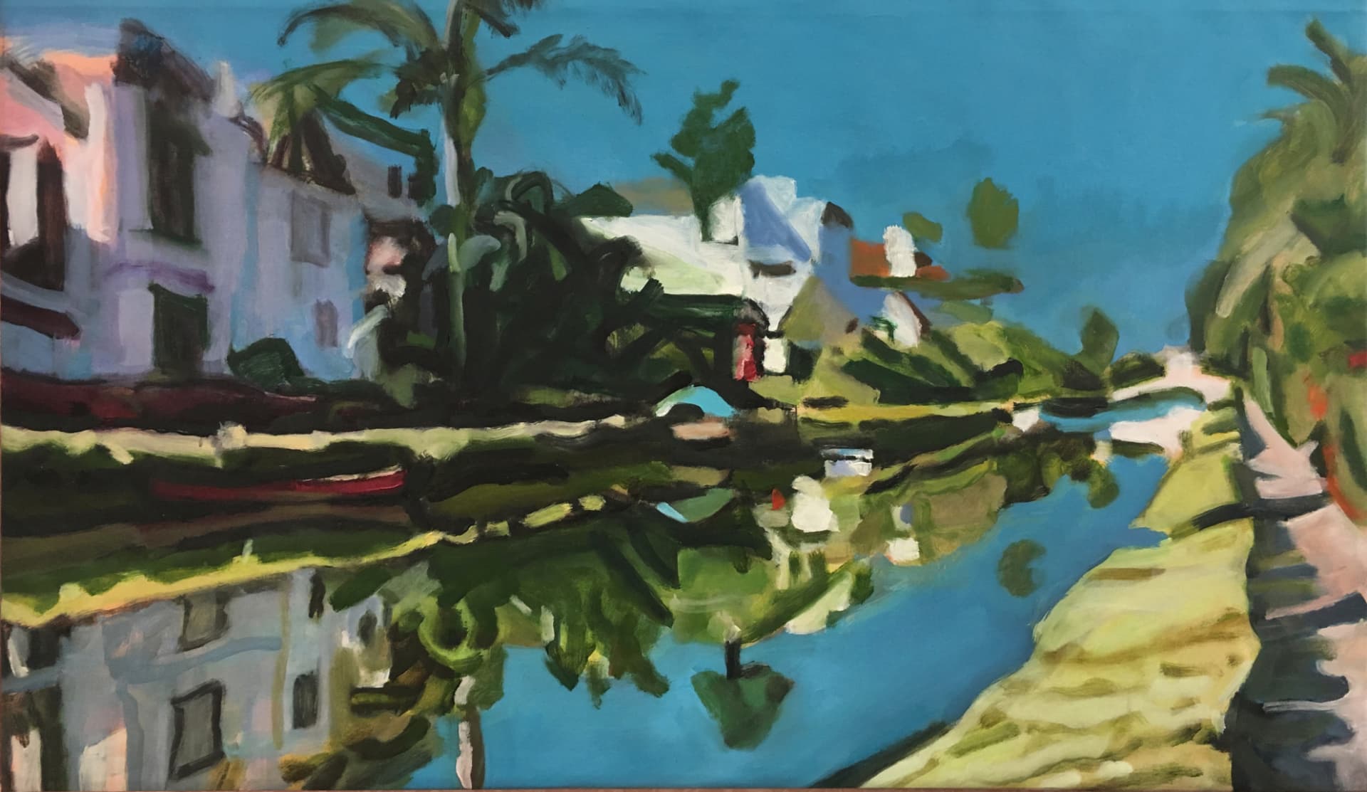 Oil painting of a residential canal with houses and palm trees on the left bank, a white arched bridge in the distance, and reflections in the water