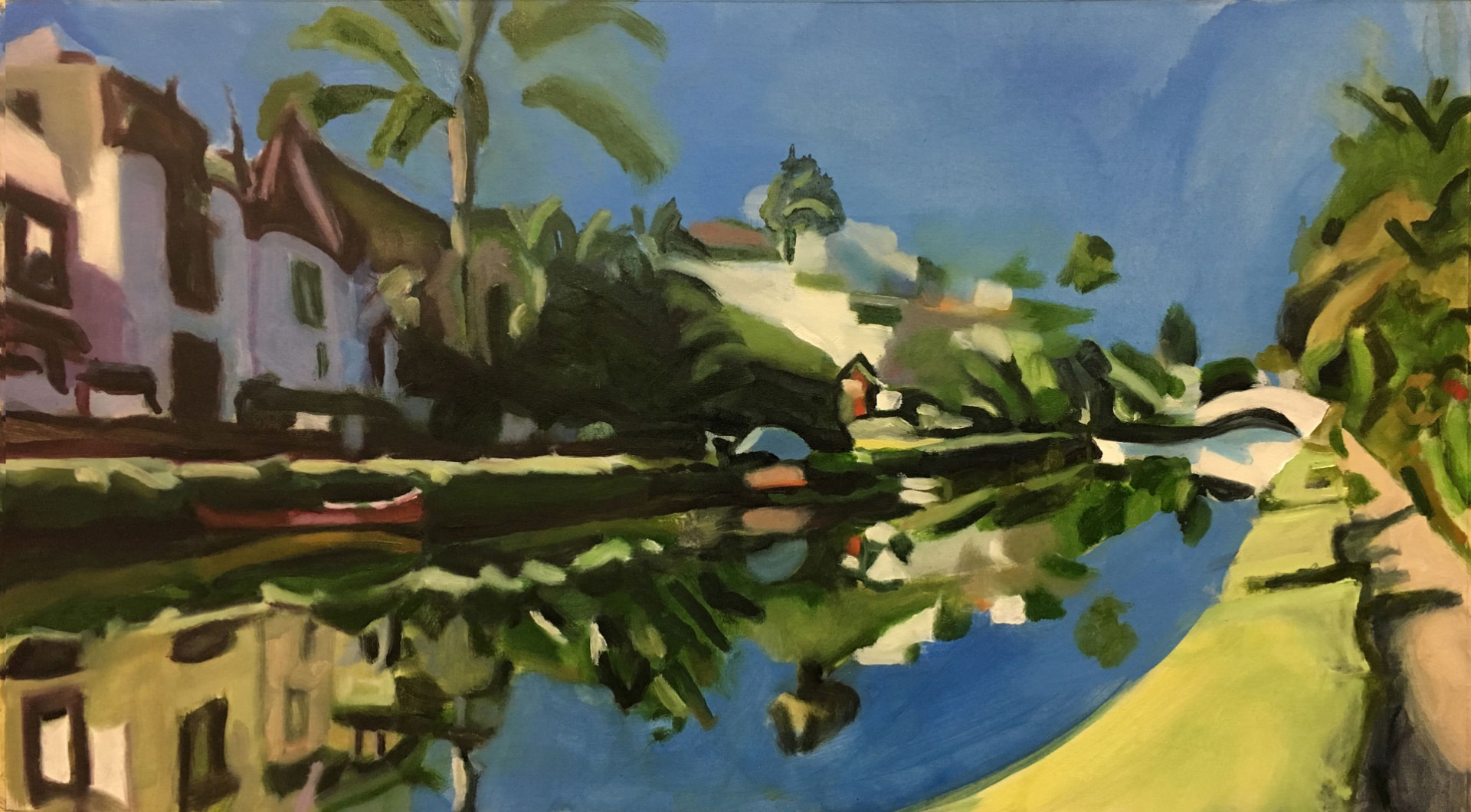 Oil painting of a residential canal with homes and a pointed gable on the left, trees and a walkway on the right, and a small bridge farther down the water