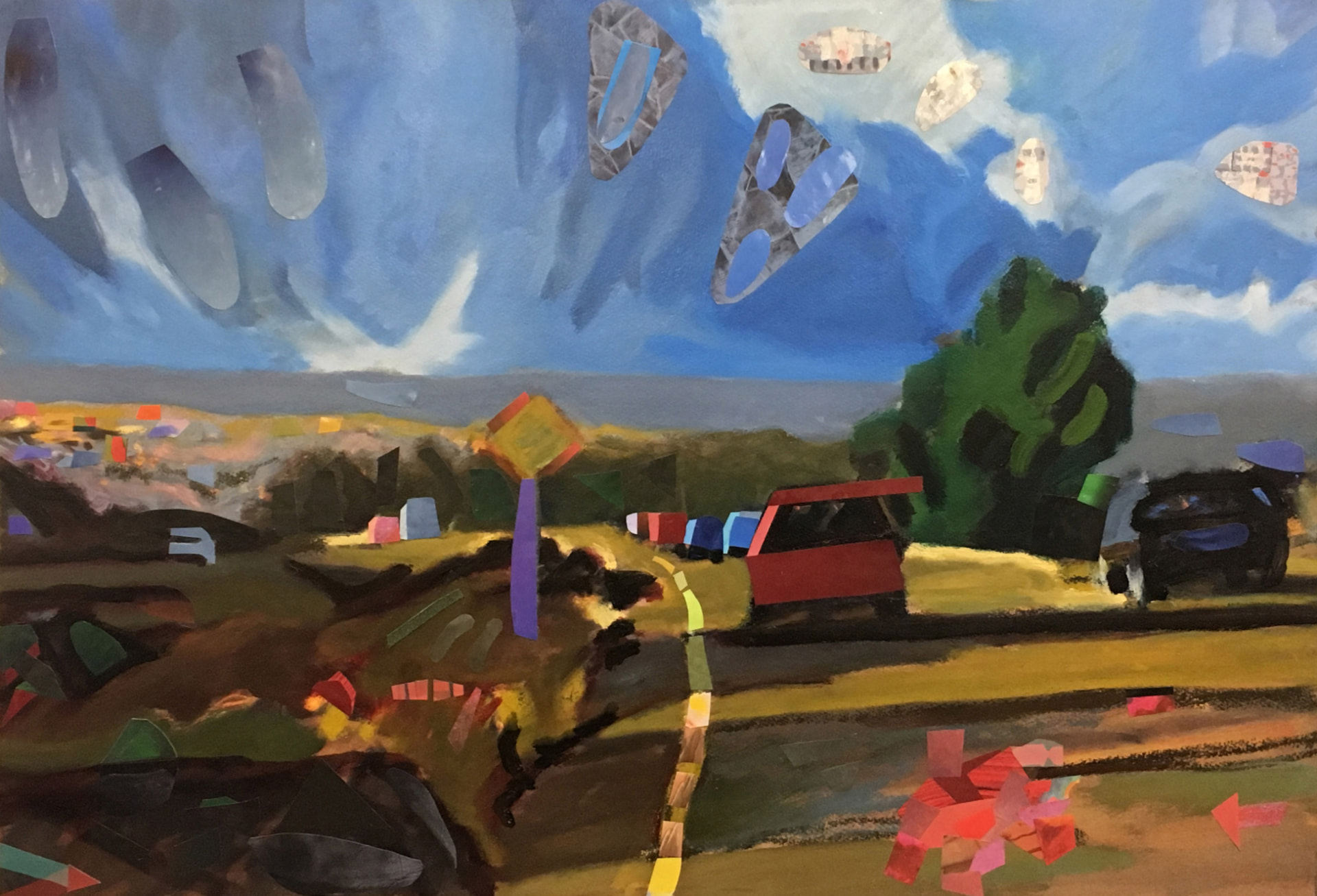 Pastel road scene with a flat red van, collaged shapes in the blue sky and bright paper fragments scattered across the fields