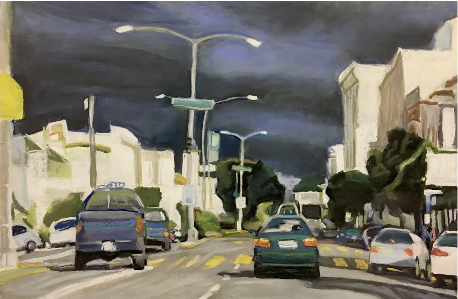 Pastel drawing of a city boulevard under a dark storm sky, with a blue pickup truck, a green sedan, curved streetlights and pale apartment buildings
