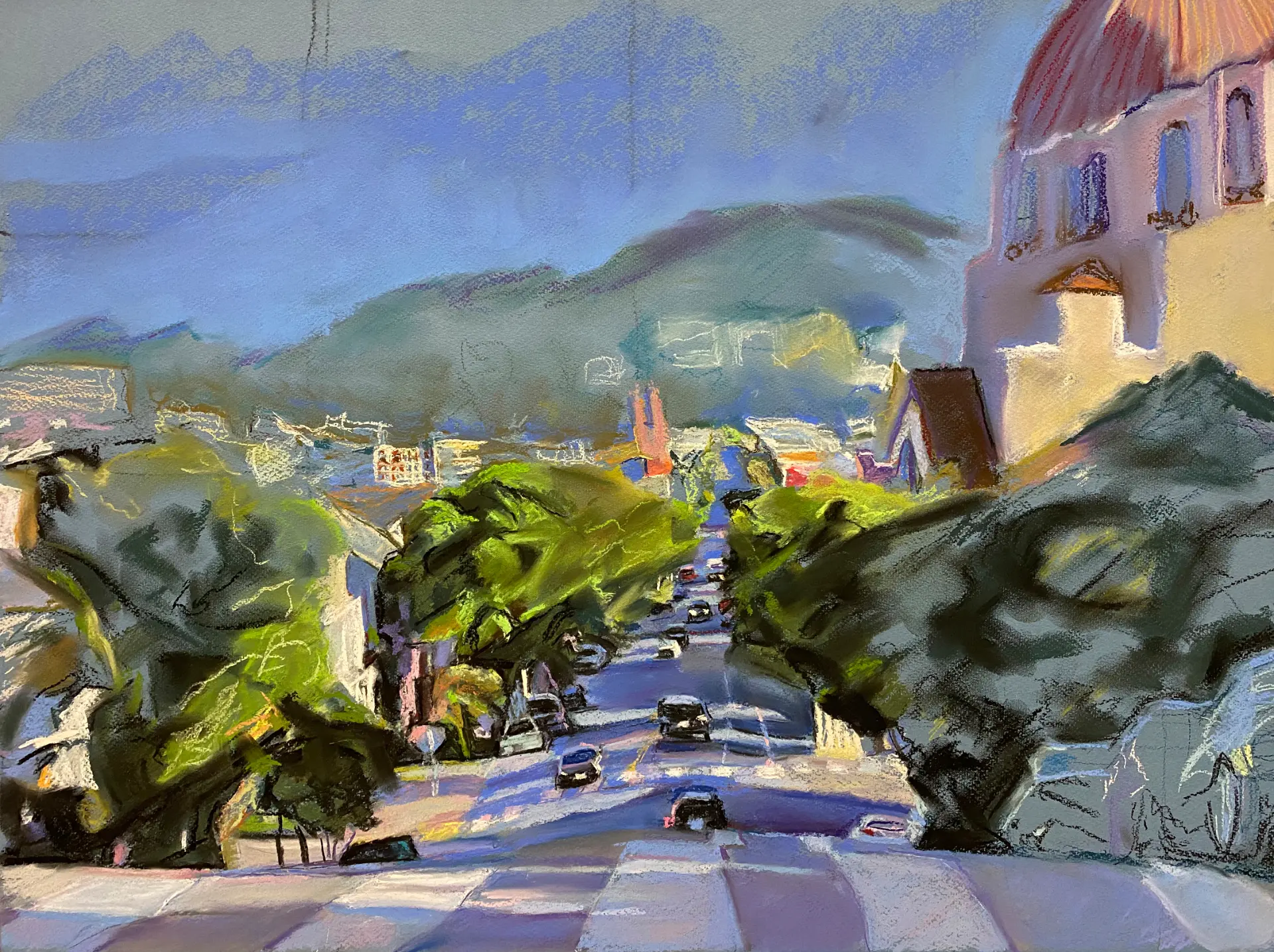 Pastel looking down a tree-lined street toward hills, with a domed building at right