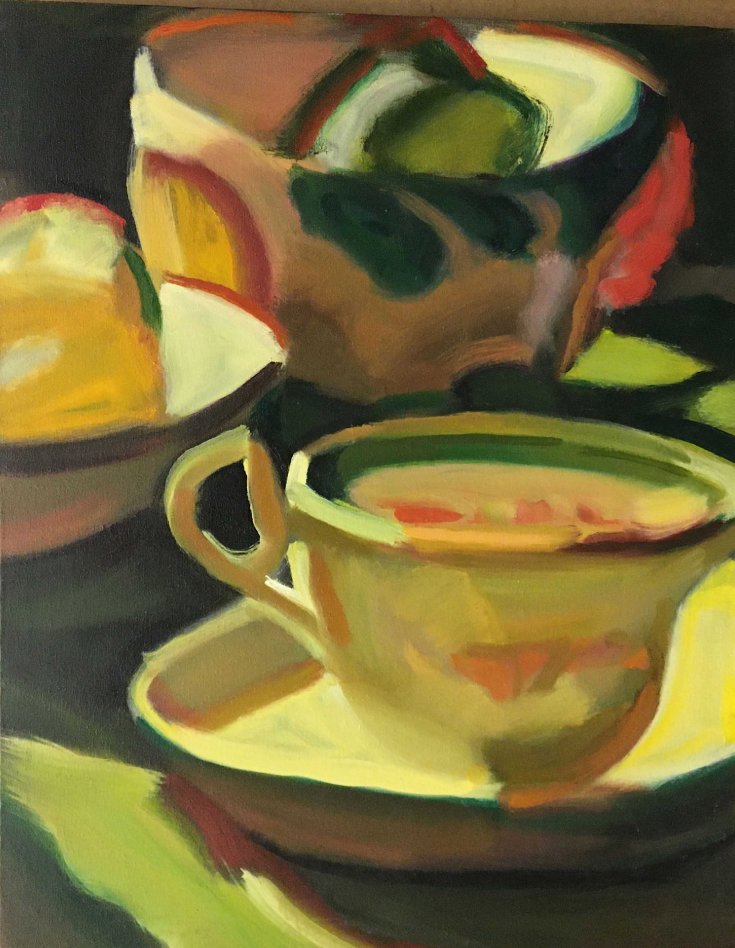 Oil still life of a pale yellow cup and saucer of soup with a lemon wedge, a patterned bowl and sliced fruit behind, on a dark ground