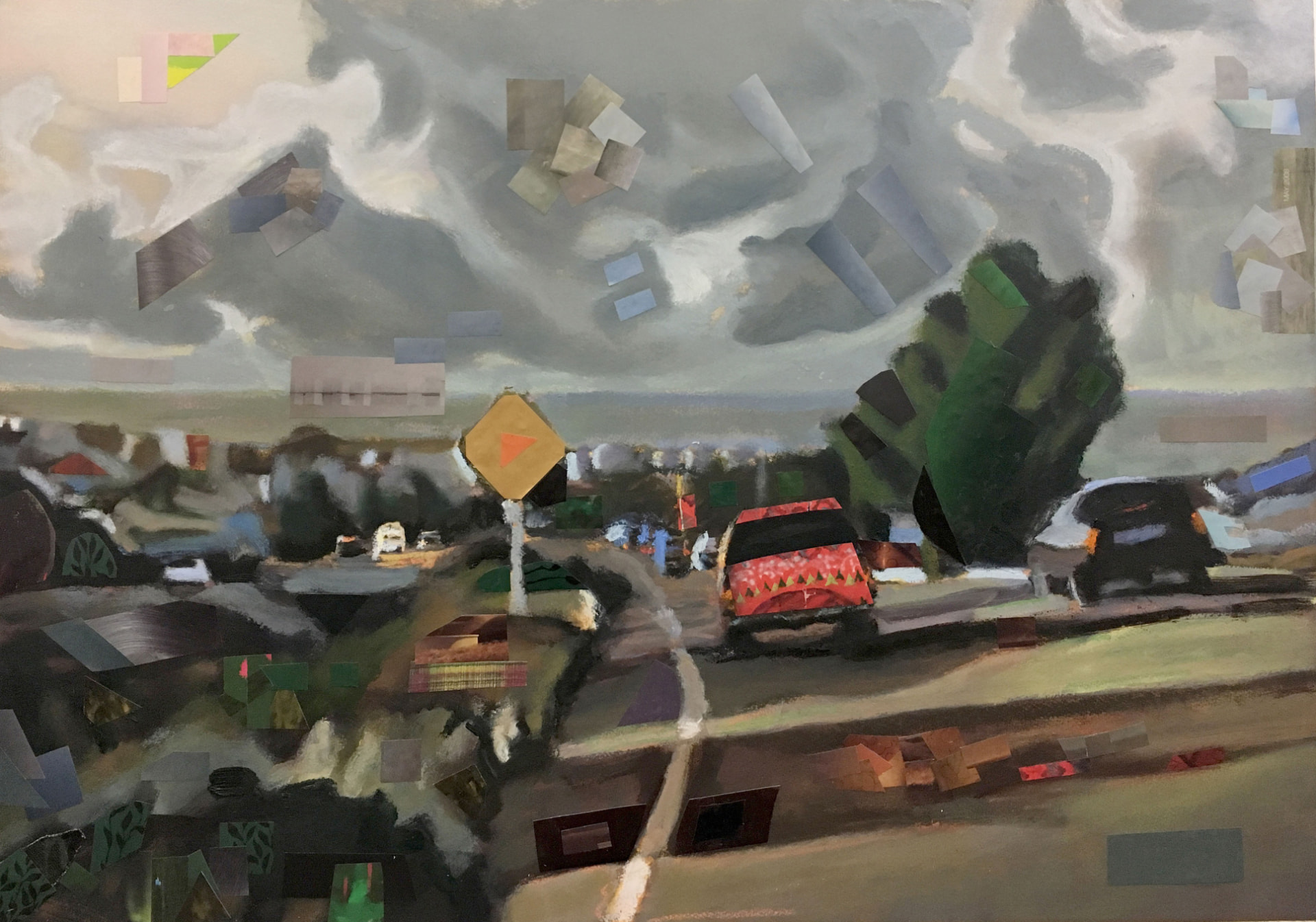 Pastel suburban road scene under a grey storm sky, with collaged paper fragments floating in the clouds and across the foreground