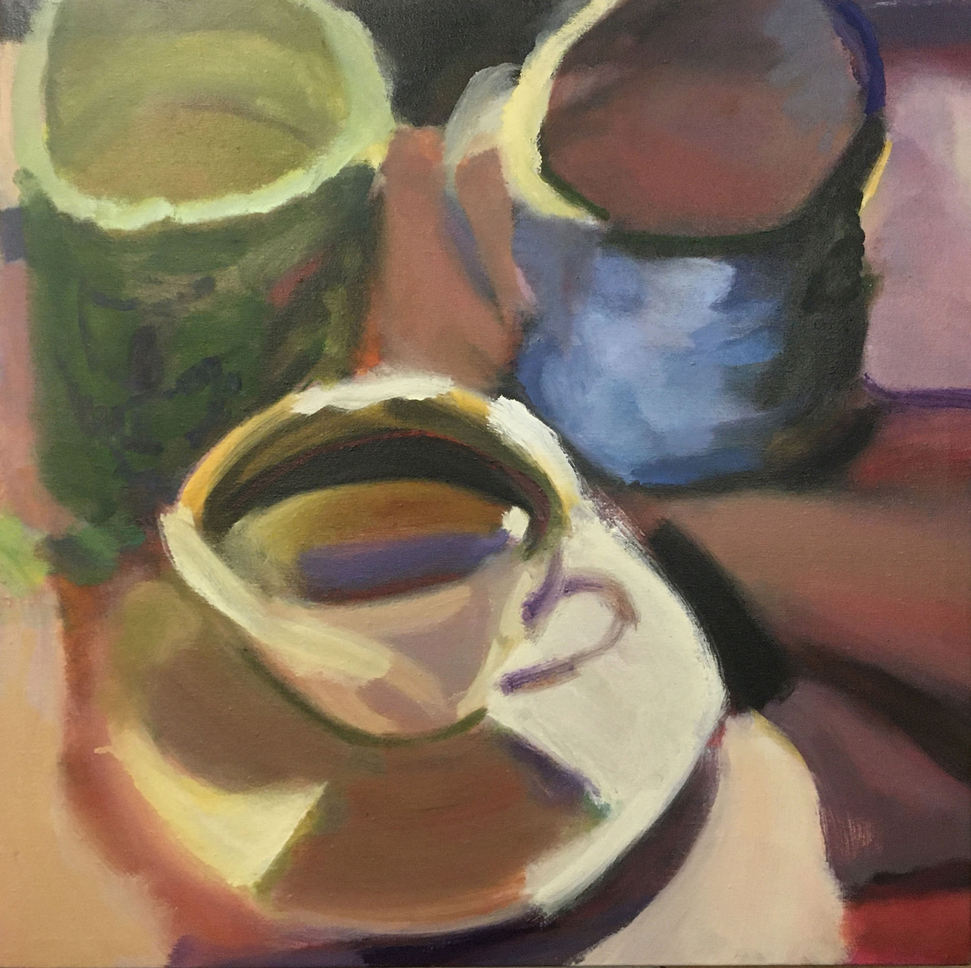 Oil still life looking down on a white cup and saucer with dark coffee, beside a green tin and a blue and dark bowl on a warm tabletop