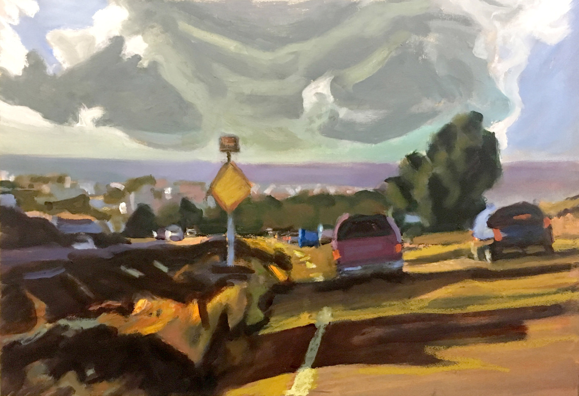 Painting of a coastal road with a red van, yellow diamond sign and warm golden verges beneath a soft grey cloud bank
