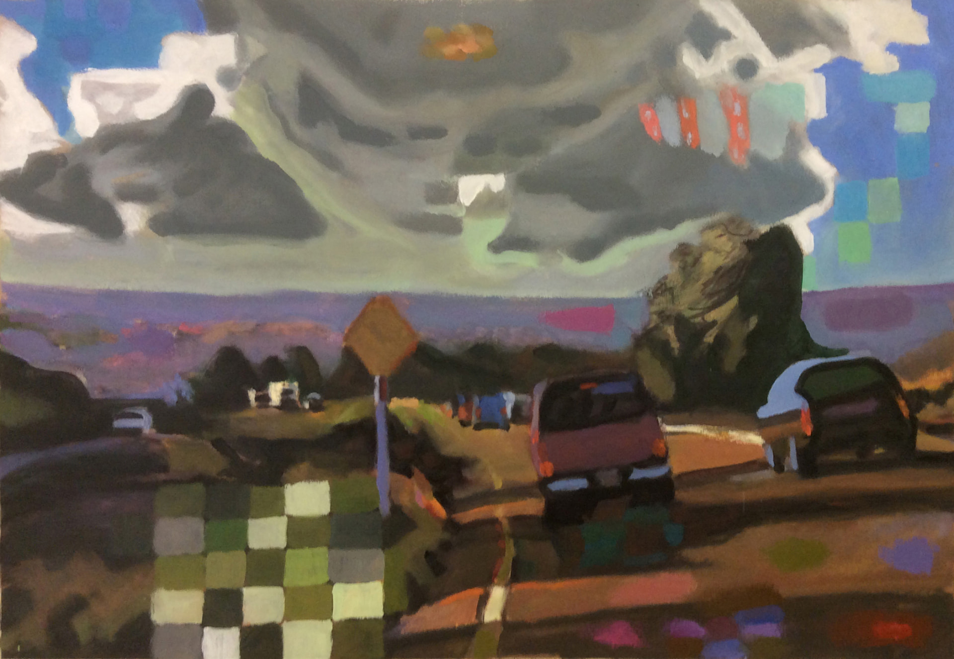 Pastel view down a suburban road toward the sea, with a heavy grey cloud bank, cars, a yellow road sign and checkerboard collage patterns