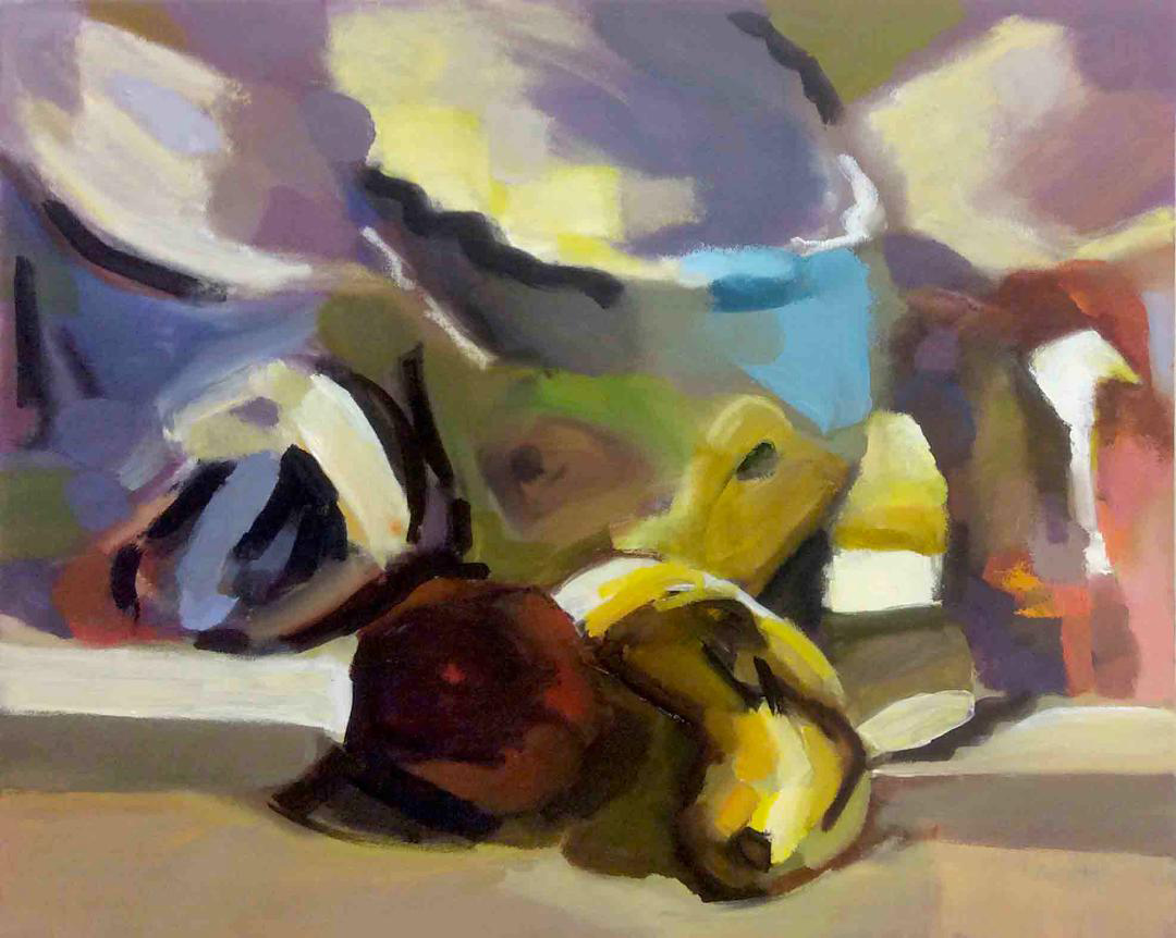 Loose oil still life of fruit on a pale ledge, a dark red apple, yellow pear and banana forms, against violet, yellow and blue brushed shapes