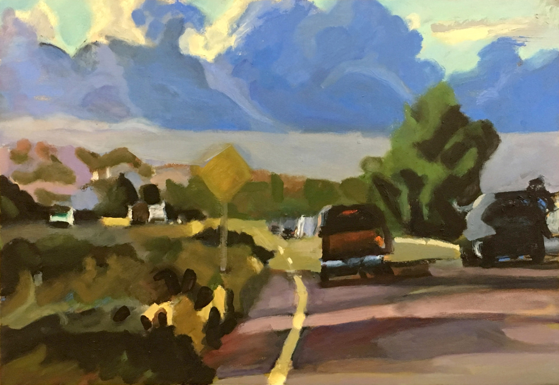Painting of a road with a dark van and a yellow sign, green hedges and blue billowing clouds above a pale horizon
