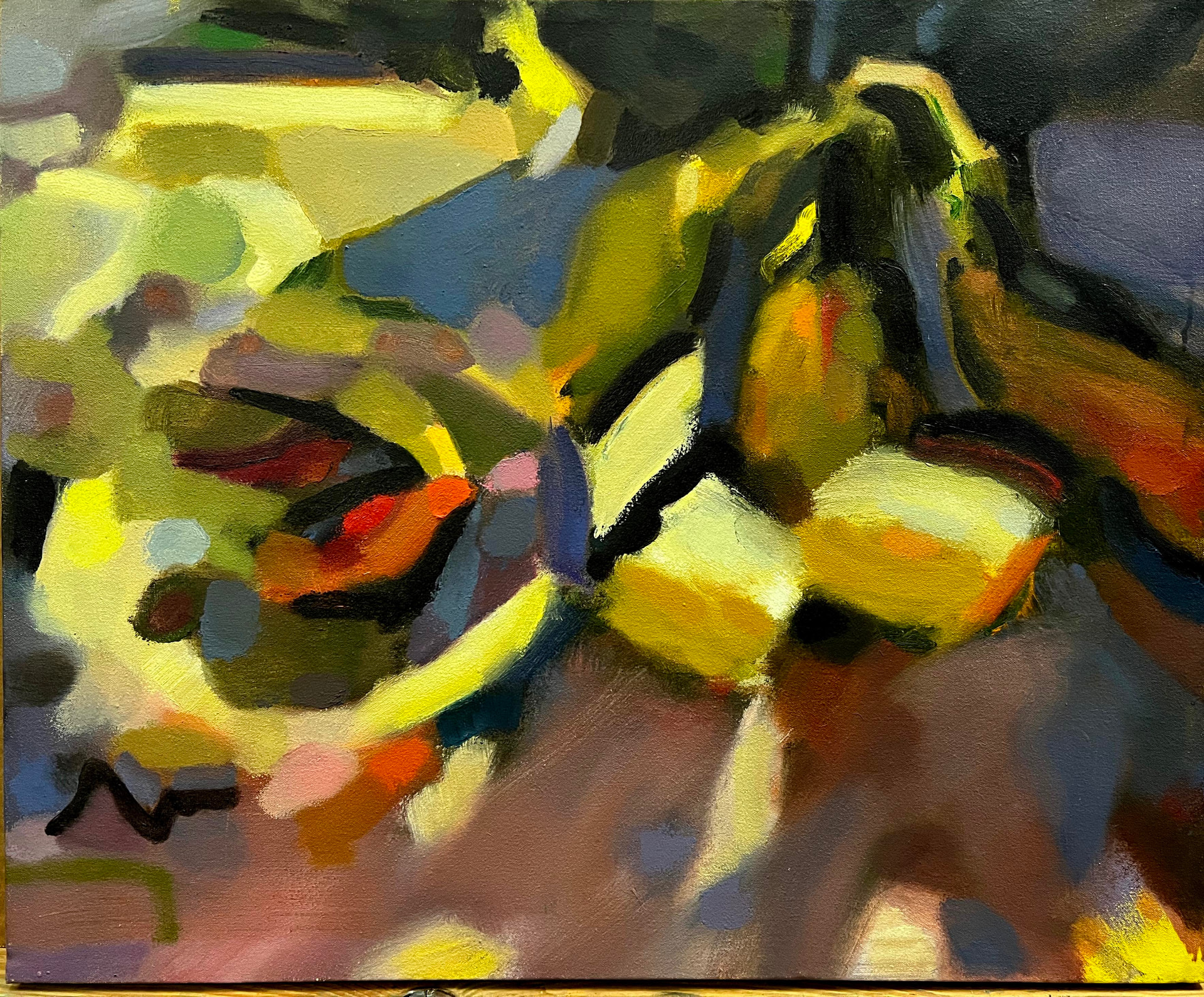 Abstract oil still life of fruit, bright yellow lemons and oranges, with heavy dark outlines on a reddish-brown foreground against a moody dark ground