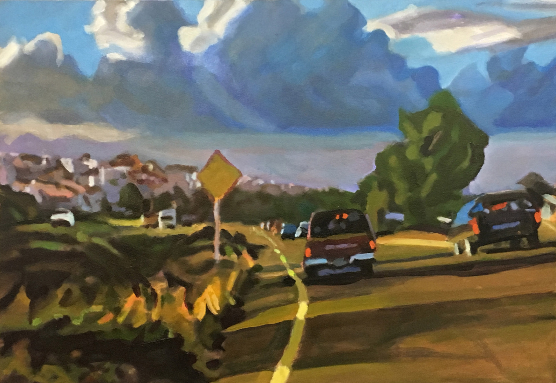 Painting of a suburban road with cars and a yellow sign under towering blue and white cumulus clouds