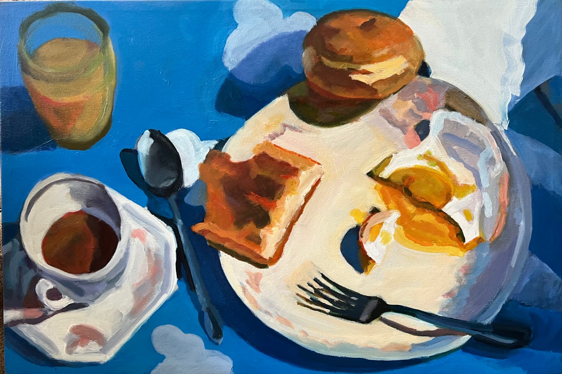 Oil still life of a breakfast plate with bitten toast, a runny egg and a roll, coffee and a glass of orange juice on a blue tablecloth with white cloud shapes